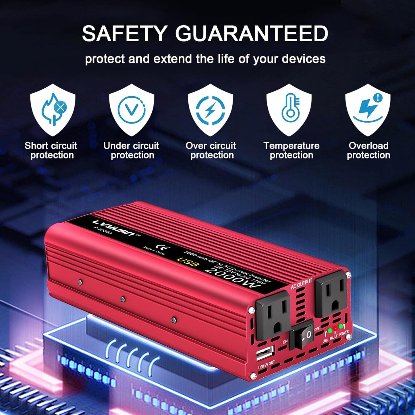 Car Vehicle Power Inverter 800W/2000W(Peak)DC-AC 12V-110V Converter Power Supply