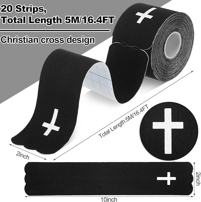 Geiserailie 4 Roll Christian Cross Kinesiology Tape, Each 20 Precut Strips 10" Per Strip Waterproof Religious Athletic Sports Tape Cotton Elastic Wraps for Fitness Running Tennis Swimming Football