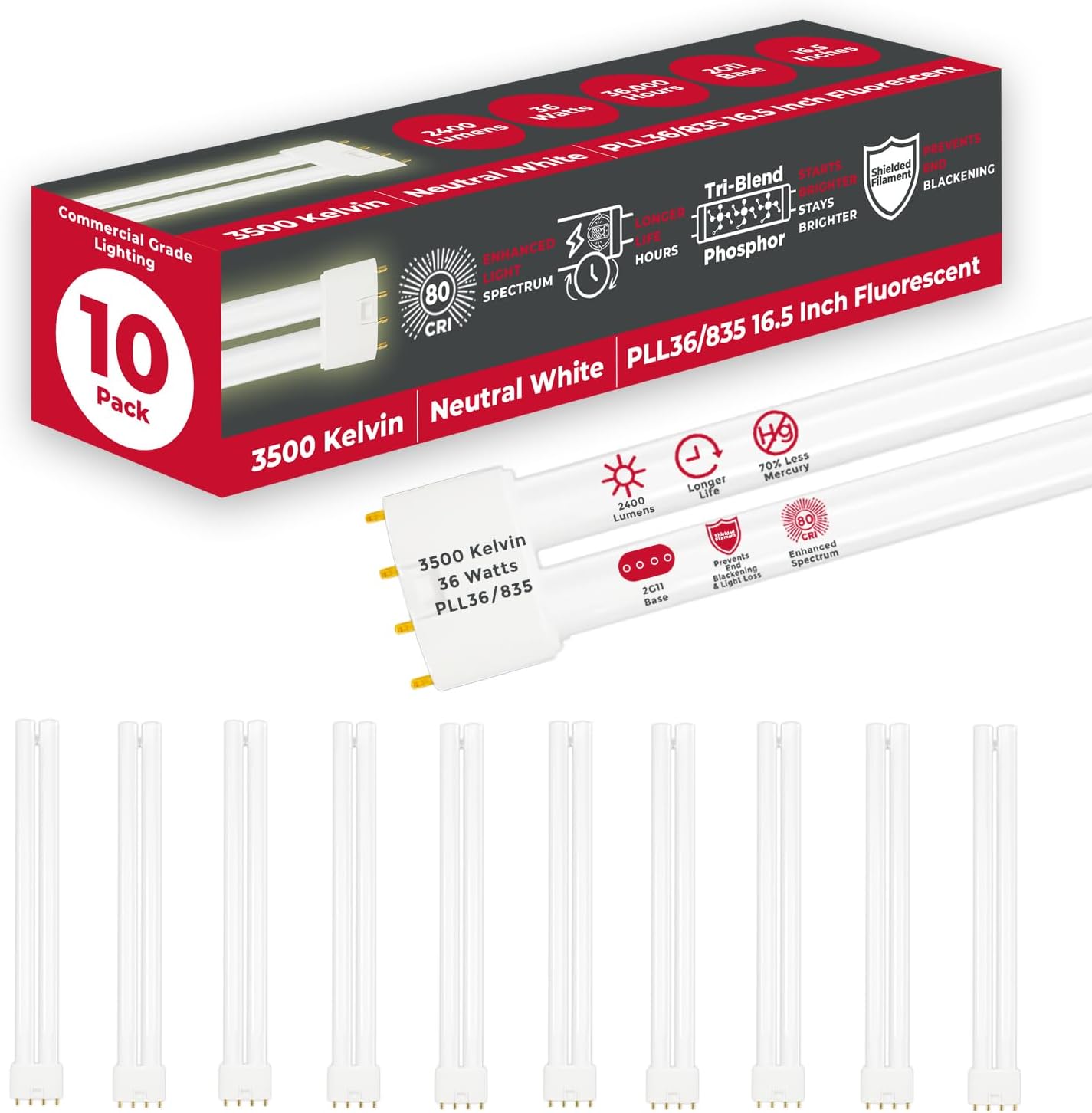 GoodBulb PLL36/835 36W 16.5" Twin Tube Compact Fluorescent Light Bulb 4-pin 2G11 Base 3500K Neutral White 2400 Lumen 36000 Hour Long Life Biax Pack of 10