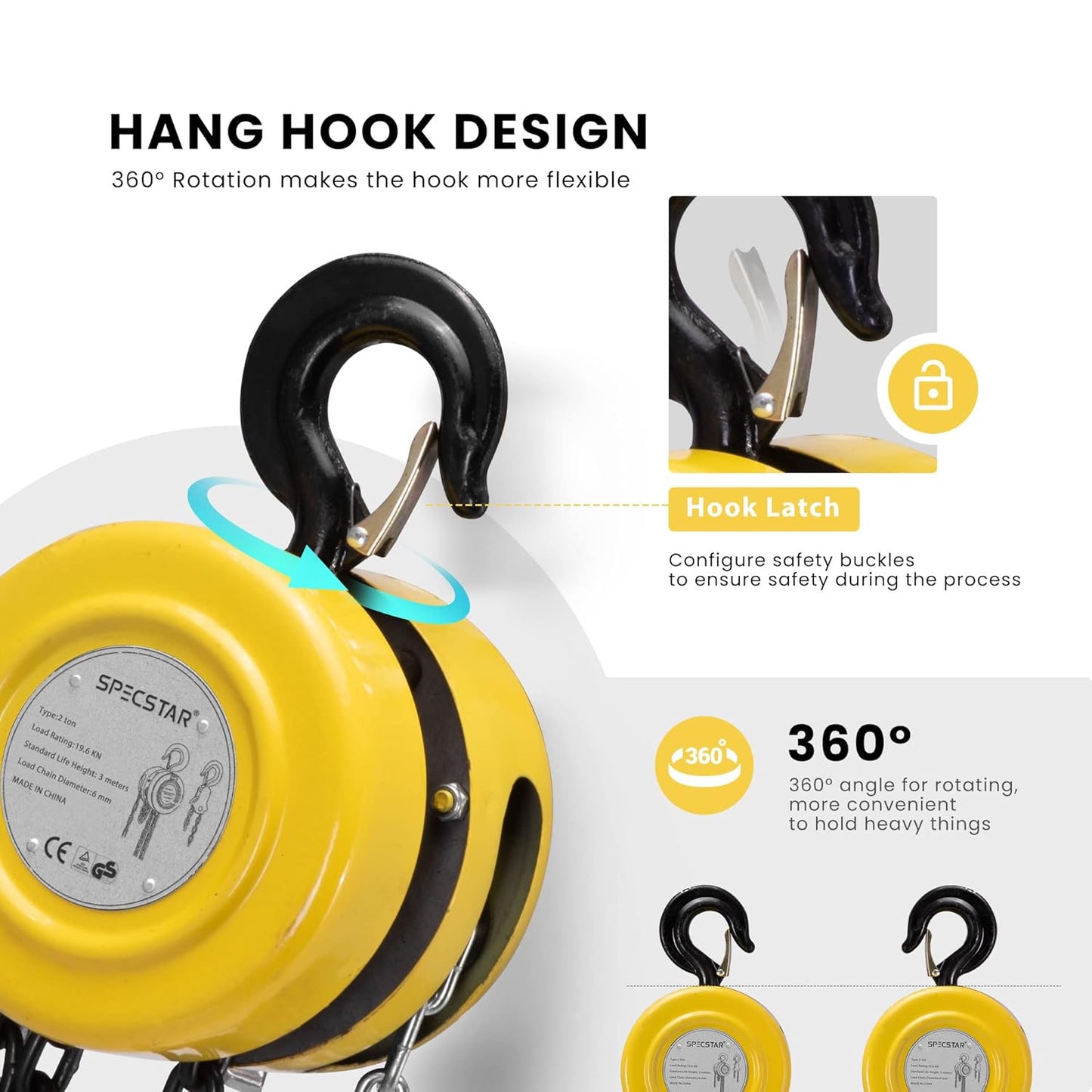 SPECSTAR Hand Chain Hoist 2 Ton 4400 Lbs Capacity 10 Feet with 2 Heavy Duty Hooks, Manual Chain Fall for Warehouse Building Automotive Machinery Yellow