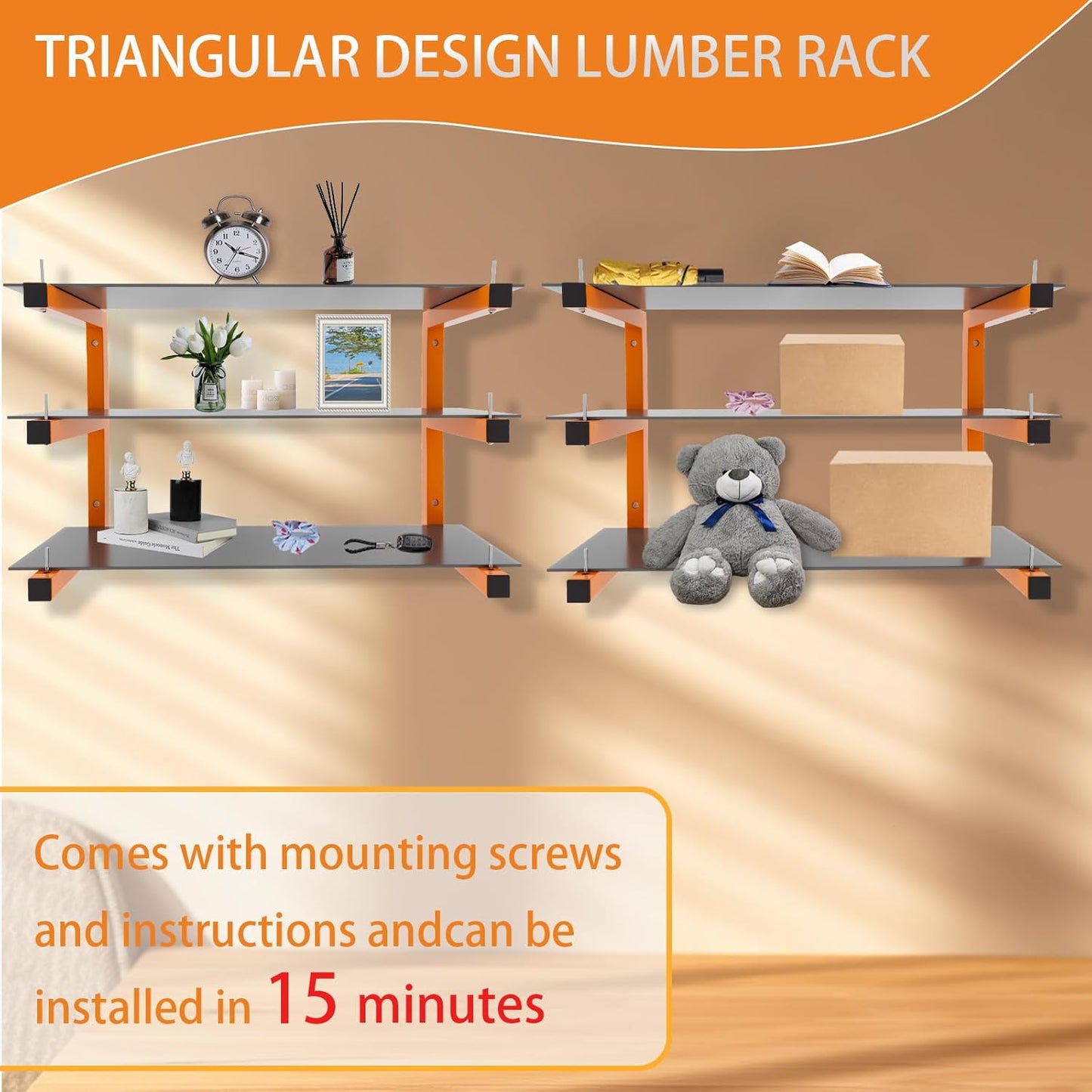 4 Pack Wall-Mounted Lumber Rack, Heavy Duty Wood Storage Racks, 6-Level System Garage Shelving, 1320 LBS Capacity Hanging Organizer Shelves, Orange Brackets Utility Metal Shelf for Indoor and Outdoor