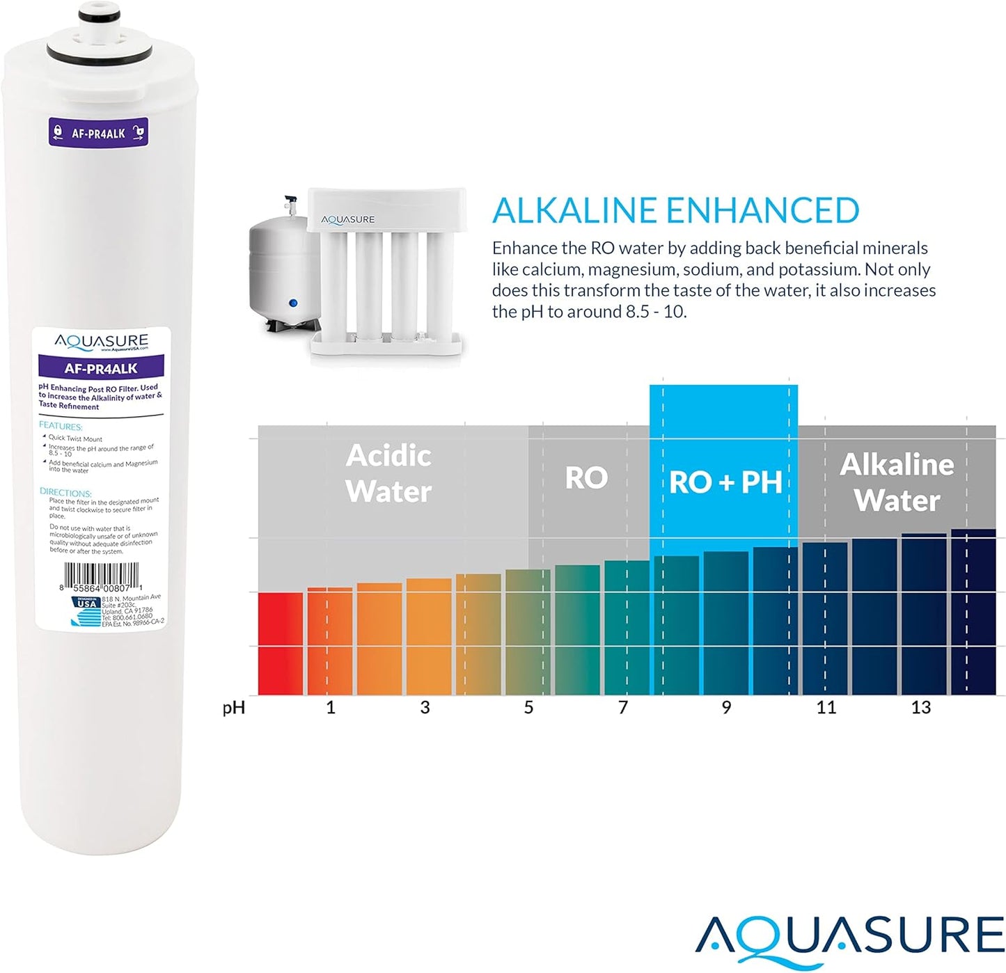 Aquasure Premier Stage 4 Alkaline Remineralizing Filter Quick Twist Replacement Cartridge AF-PR4ALK for AS-PR75/AS-PR100 4-Stage Reverse Osmosis Water Filter System | Restore Minerals, pH+ Balance