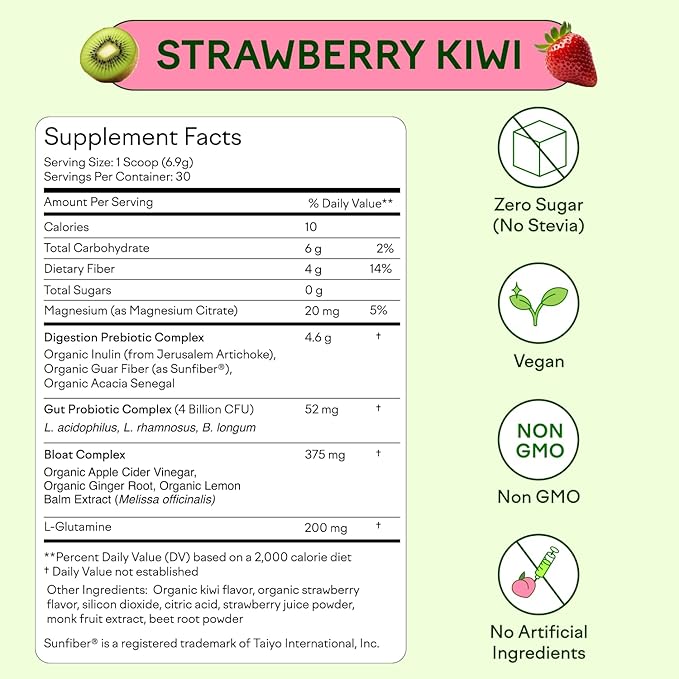 Feel Goods Gut Guardian, Organic Fiber, Probiotic & Prebiotic Powder, Sugar Free, Herbs for Bloat, Gut Health Support, Digestive Health for Men & Women, Non GMO, Vegan, Strawberry Kiwi, 30 Servings