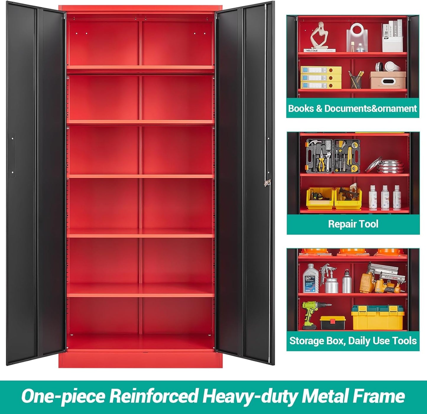 SISESOL Red Metal Storage Cabinet with Locking Doors and Shelves,Garage Storage Cabinet with Lock,Steel Locker,Lockable Cabinets for Home,Office,Shop,Garage Cabinets