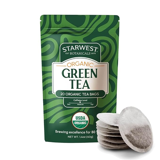 Starwest Botanicals Organic Green Tea - Caffeinated Herbal Tea, Contains Caffeine, Tea with Antioxidant Properties, USDA Organic Green Tea Leaf, Non GMO - 20 Tea Bags