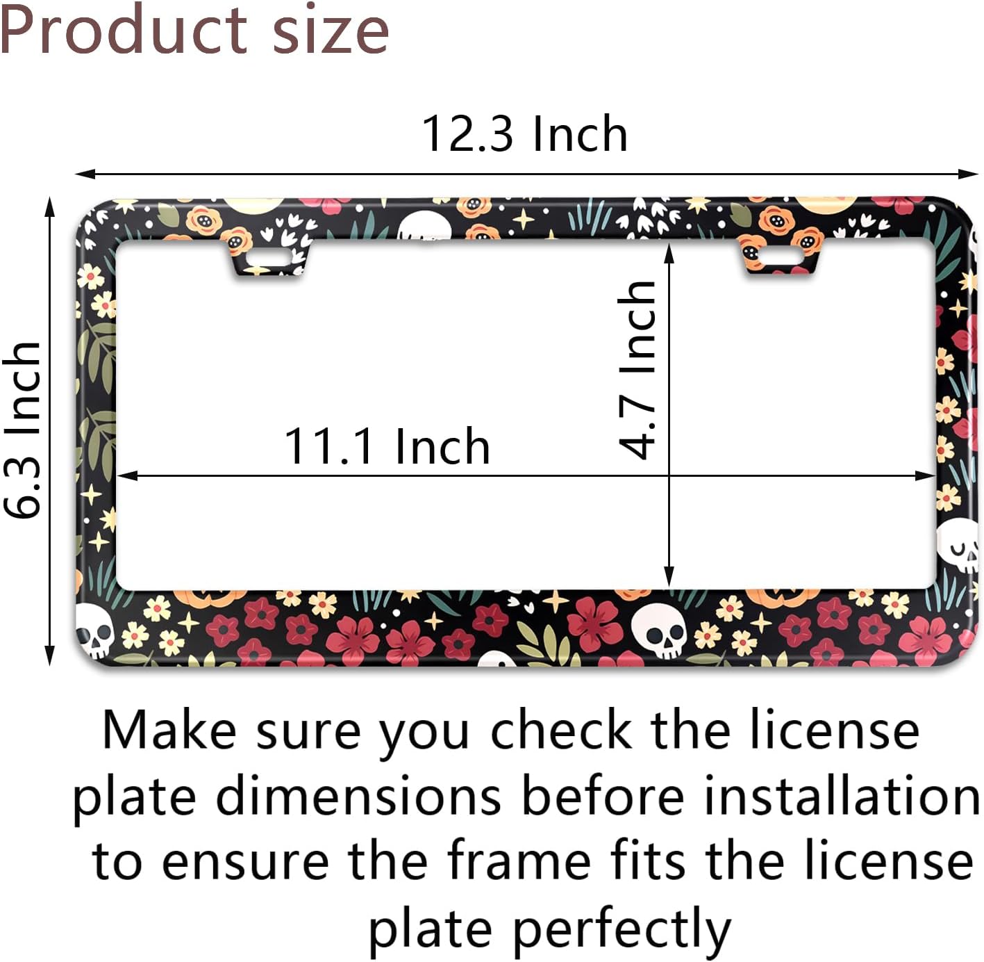 Halloween Ghost Skull Floral License Plate Frame Colorful Flowers Stainless Steel Steel License Plate Holder Auto Parts Decoration with Screws License Plate Holder 12x6 Inch Car Accessories