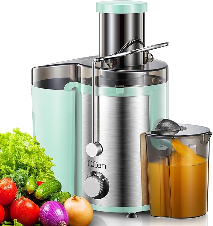 QCen Juicer Machine, 800W Centrifugal Juicer Extractor with Wide Mouth 3” Feed Chute for Fruit Vegetable, Easy to Clean, Stainless Steel, BPA-free (Aqua)