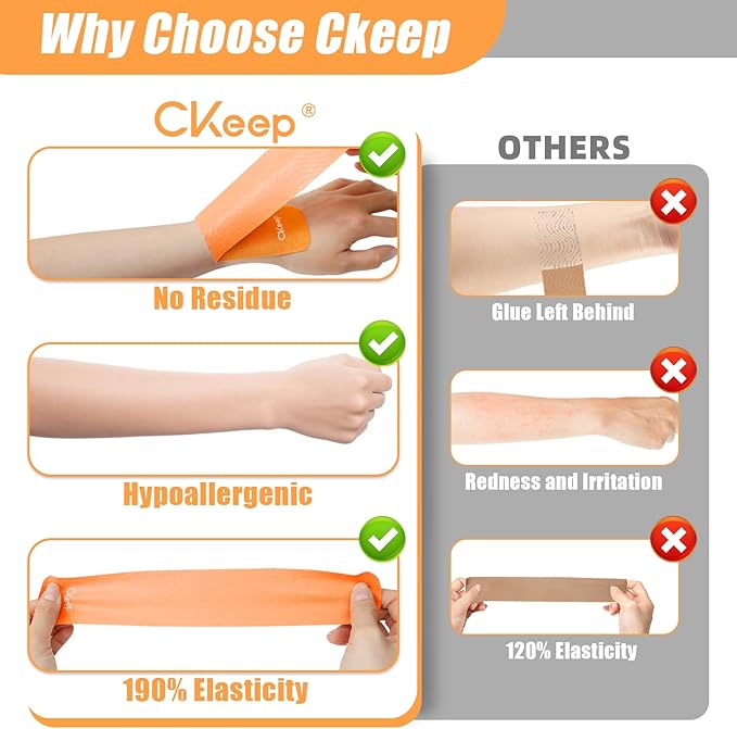 CKeep 4 Rolls Kinesiology Tape, Original Cotton Elastic Athletic Tape, 20 Precut 10" Strips Each, Orange, Ideal for Muscle Support & Injury Prevention