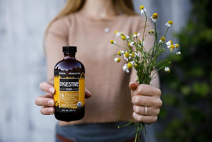Herbal Revolution Digestive Tonic - Certified Organic Non-GMO Apple Cider Vinegar Infused with Honey, Burdock Root, Dandelion, Lemon Balm & More, Made Using Regenerative Farming Practices - 8 Fl Oz