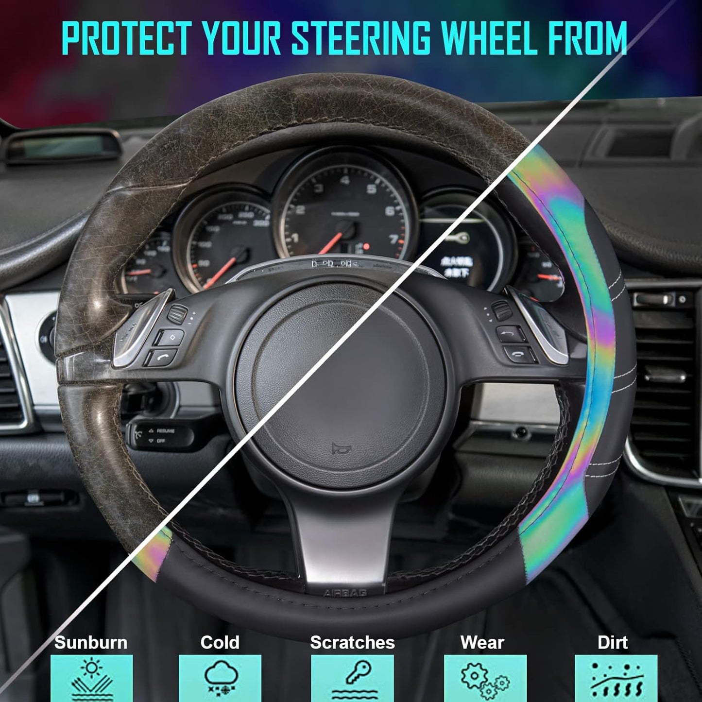 CAR PASS Line Rider Microfiber 15.5-16 Inch Leather Sporty Steering Wheel Cover Universal Fits for 95% Truck,SUV,Pickup, Anti-Slip Safety Comfortable Desgin (Black Reflective)