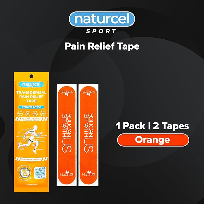 Sport Transdermal Pain Relief Tape, Kinesiology Tape, Sore Joints, Muscles, Back, Knee, Elbow, Shoulder Pain, 2 Elastic Strips(10x2 in), Water Resistant, Accelerated Recovery (Orange, 1 Pack)