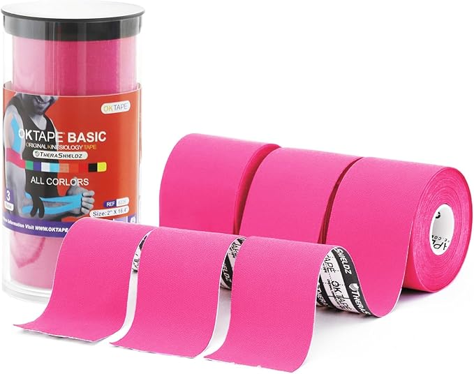 OK TAPE Regular Kinesiology Tape (3 Pack), Original Cotton Athletic Tape for Support Muscle Joint Knee, Sports Waterproof Tape Uncut Strips Latex Free, Hypoallergenic, 2in×16.4ft - Pink