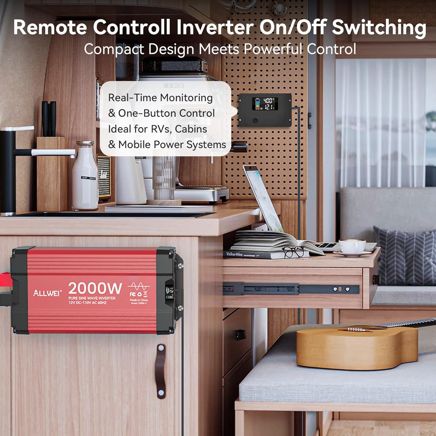 ALLWEI 2000W Pure Sine Wave Inverter 12V DC to 110V AC Converter, Surge 4000W, 2 AC Sockets, LCD Display, Power Inverters for Vehicles, RV, Truck, Home, Solar & Off-Grid Inverter, Remote Controller
