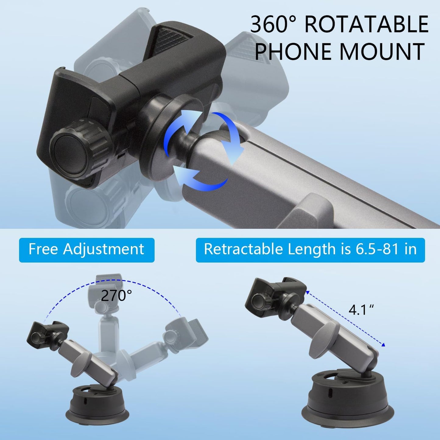 Suptig Universal Car Mount, Suction Cup Mount for Smartphones, GoPro, Action Cameras, DSLR, Windshield, Dashboard, Black