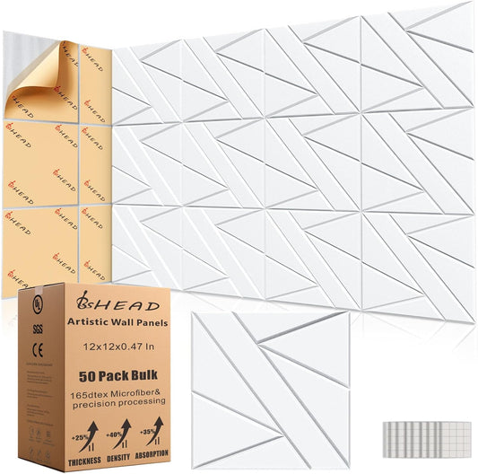 50 Pack Bulk Self-Adhesive Soundproof Wall Panels, 12 x 12 x 0.47 In Sound Proof Foam Panels for Walls, 1.2lb/ft³ High Density, Thicker 0.47in, Acoustic Panels, Duty for Large Walls White