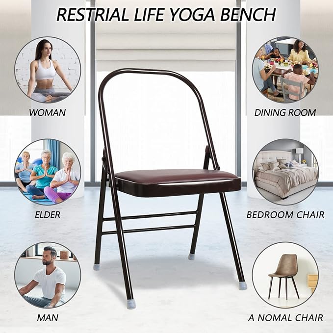 Yoga Chair Set Yoga Auxiliary Chair Flexibility Strength Training Tool, Foldable Yoga Chair for Balance Training, with Figure S Resistance Belt, Chair Leg Cap, Brown