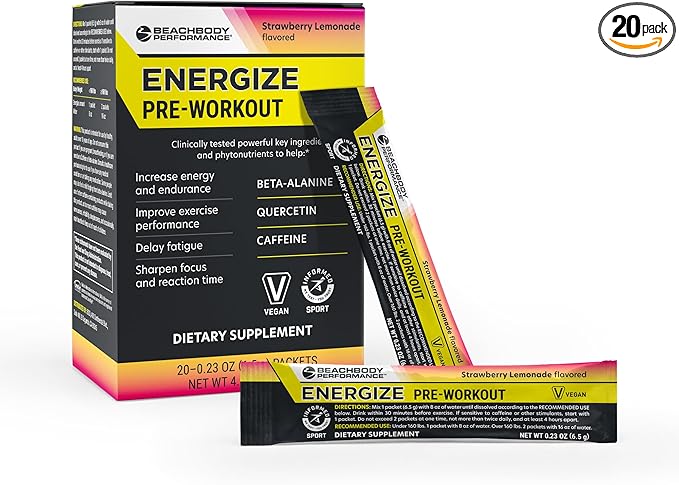 BODi Energize Pre Workout Powder - Beta-Alanine, Quercetin & Low-Dose Caffeine Formula for Enhanced Energy & Focus, Increase Energy & Endurance Supplement, Strawberry Lemonade Flavored, 20 Sticks