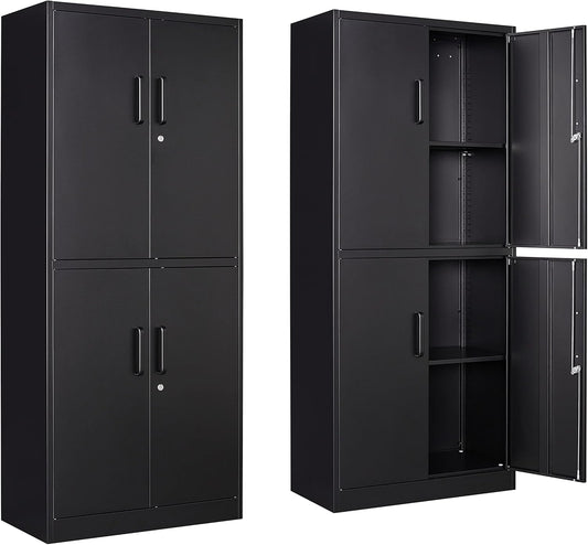 Yizosh Metal Storage Locking Cabinet with 4 Doors and 2 Adjustable Shelves,71" Lockable Garage Tall Steel Cabinet,for Home Office,Living Room,Pantry,Gym,Commercial Storage (Black)