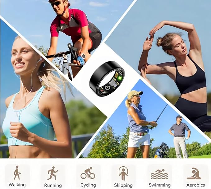 Smart Wellness Ring, Stylish Fitness Tracker with Heart Rate, Blood Oxygen, Blood Pressure, Sleep & Step Monitor. IP68 Waterproof, No Subscription, iOS & Android Compatible (Black, 10)