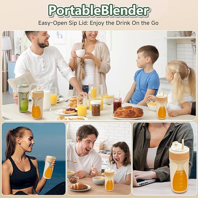 Portable Blender Cup- 450ml Multi-Function Blender with Ice-Crushing,Strong Cutting Power with 6 Blades, BPA Free, USB-C Rechargeable,Fruit Veggie Juicer Cup for Home, Sport, Office, Camping (Orange)
