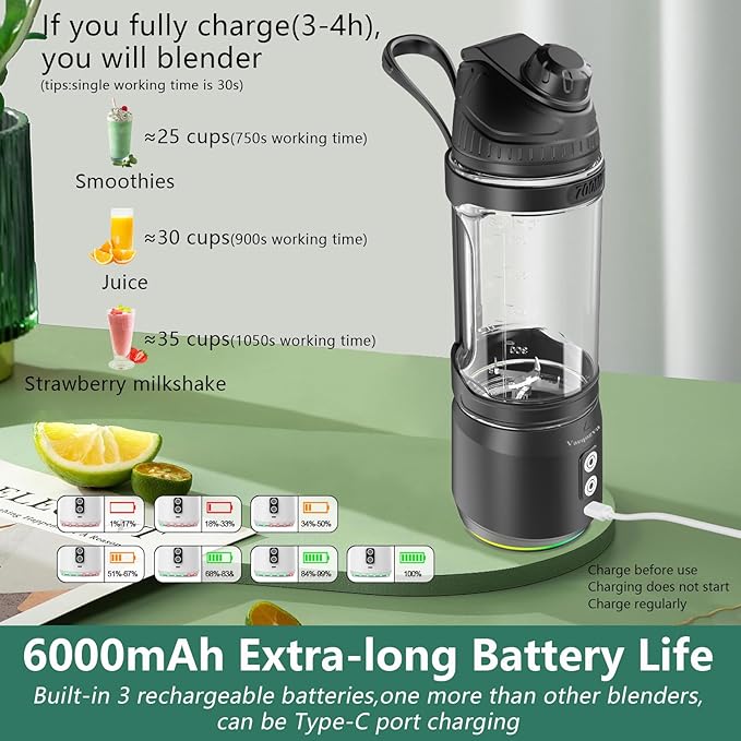 Portable Blender for Shakes and Smoothies, 24oz 300W Travel Blender USB Rechargeable Type-C 6000 mAh Personal Blender for Smoothies Protein Shakes with a Travel Lid & BPA Free Bottle(Black)