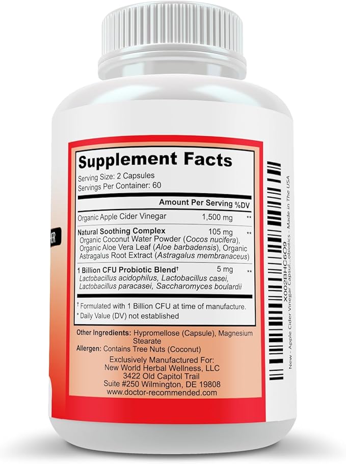 Apple Cider Vinegar Capsules - (120 Veggie Capsules) Organic ACV Supplement with Probiotics - 1500mg per Serving - Supports General Wellness & Digestive Balance - Non-GMO, Made in USA