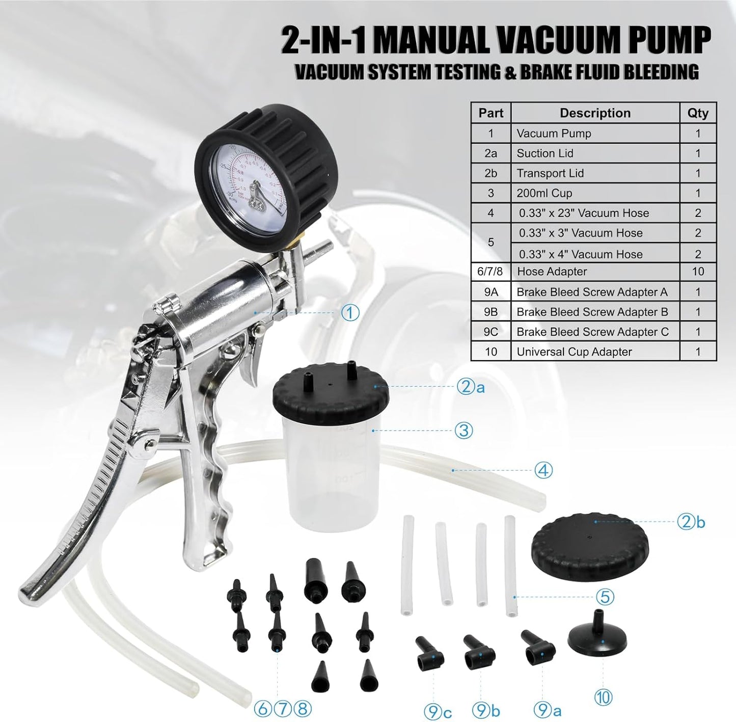 Hand Vacuum Pump Brake Bleeder Kit - Zinc-diecast Metal, Single Person Design for Brake & Clutch Bleeding, Automotive Tuning & Testing