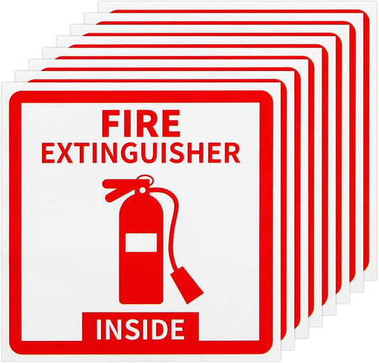 Madrigal Fire Extinguisher Inside Sticker Sign,8Pack 3x3" Self-Adhesive Vinyl, Weatherproof & UV Protected for Cars, Trailers, Rv's, Trucks and Vehicles, Red on White
