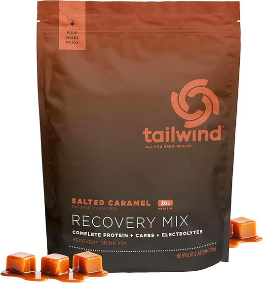 Tailwind Nutrition Recovery Mix, 20 Grams Complete Protein, Carbohydrates, and Electrolytes Powder Drink Mix for Post-Workout, Free of Gluten, Soy, and Dairy, Vegan, 20 Servings, Salted Caramel