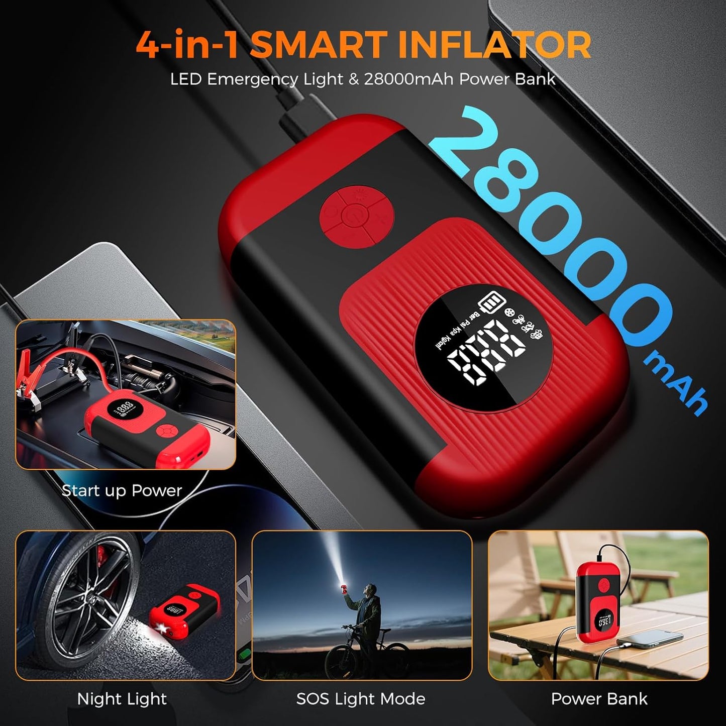 Tire Inflator Portable Air Compressor with battery jumper starter, 28000mAh Battery 3X Faster Cordless Tire Inflator with Tire Pressure Gauge,150PSI Electric Air Pump for Car Tires,Motorcycle,Bike