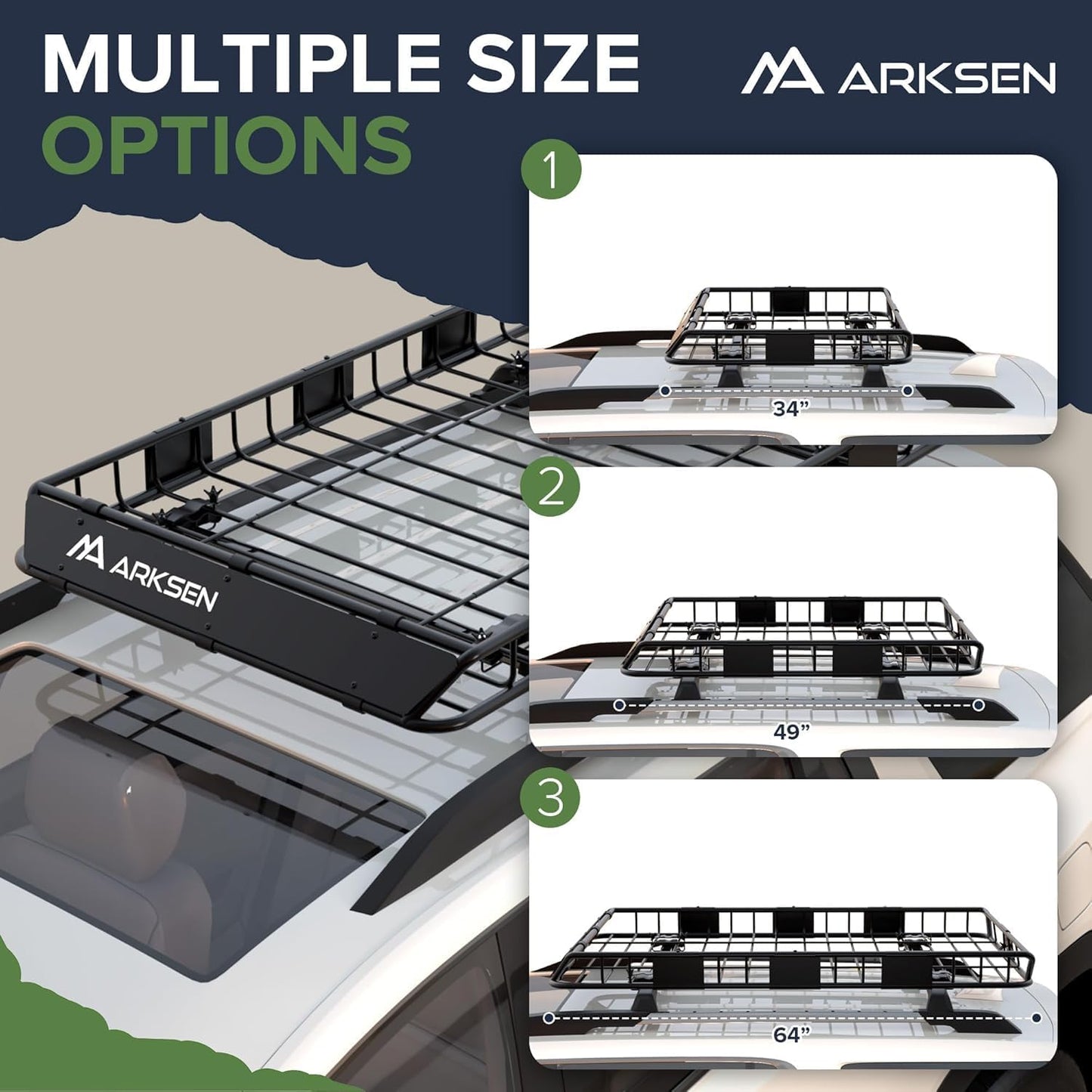 ARKSEN 64 x 39 x 5 Inch Universal Roof Rack with Waterproof Bag, Cargo Net & 2 Ratchet Straps - Upgrade 150Lbs Capacity Heavy Duty Rooftop Cargo Carrier with Extension for Car, SUV & Pickup