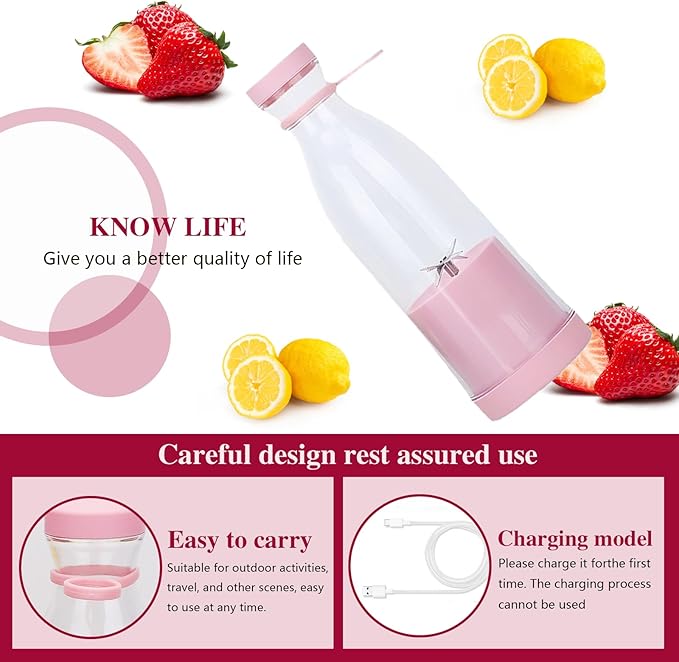 Portable Smoothie Blender Personal Blender for Smoothies and Shakes To Go, Cordless and Rechargeable, 420ml Capacity, MINI, Pink