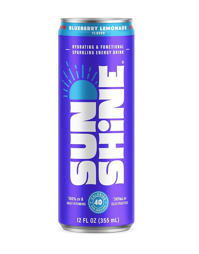 Sunshine Sparkling Energy Drink, Blueberry Lemonade with Daily Essential Vitamins, 360mg of Electrolytes, 70mg of Natural Caffeine, 12 Fl Oz (Pack of 12)