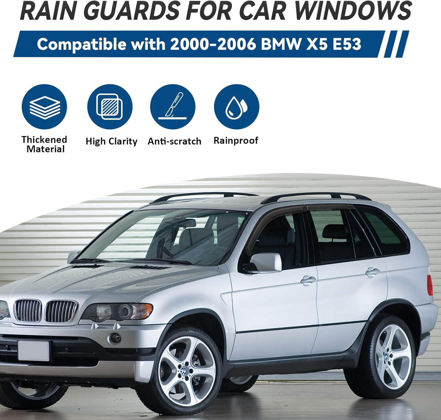 4pcs Front+Rear Smoke Tint Sun/Rain Guard Outside Mount Tape-On Vent Window Visors Compatible with 00-06 BMW X5 E53