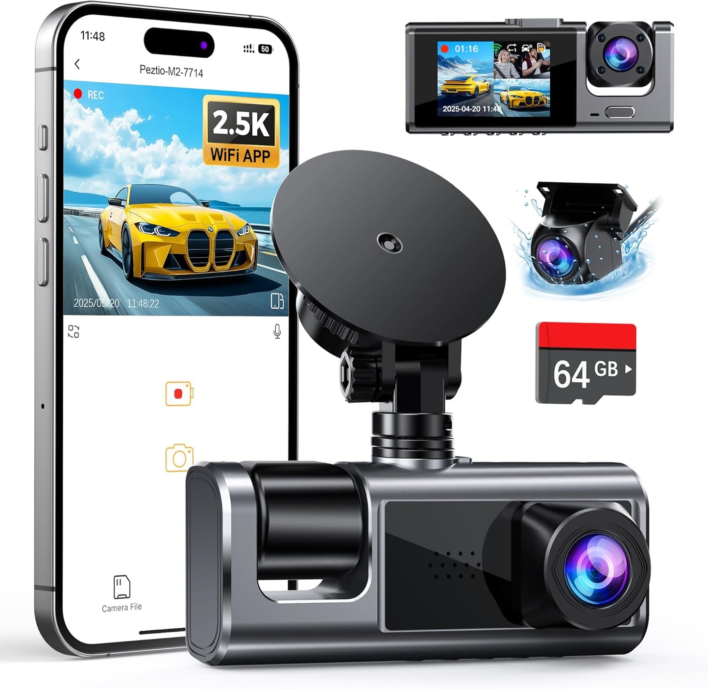 3 Channel WiFi Dash Cam Front and Rear Inside with 64GB SD Card, 2.5K+1080P+1080P Car Dash Camera for Cars Front and Rear, Dashcam with G-Sensor, Loop Recording, 24H Parking Mode, Support 512GB