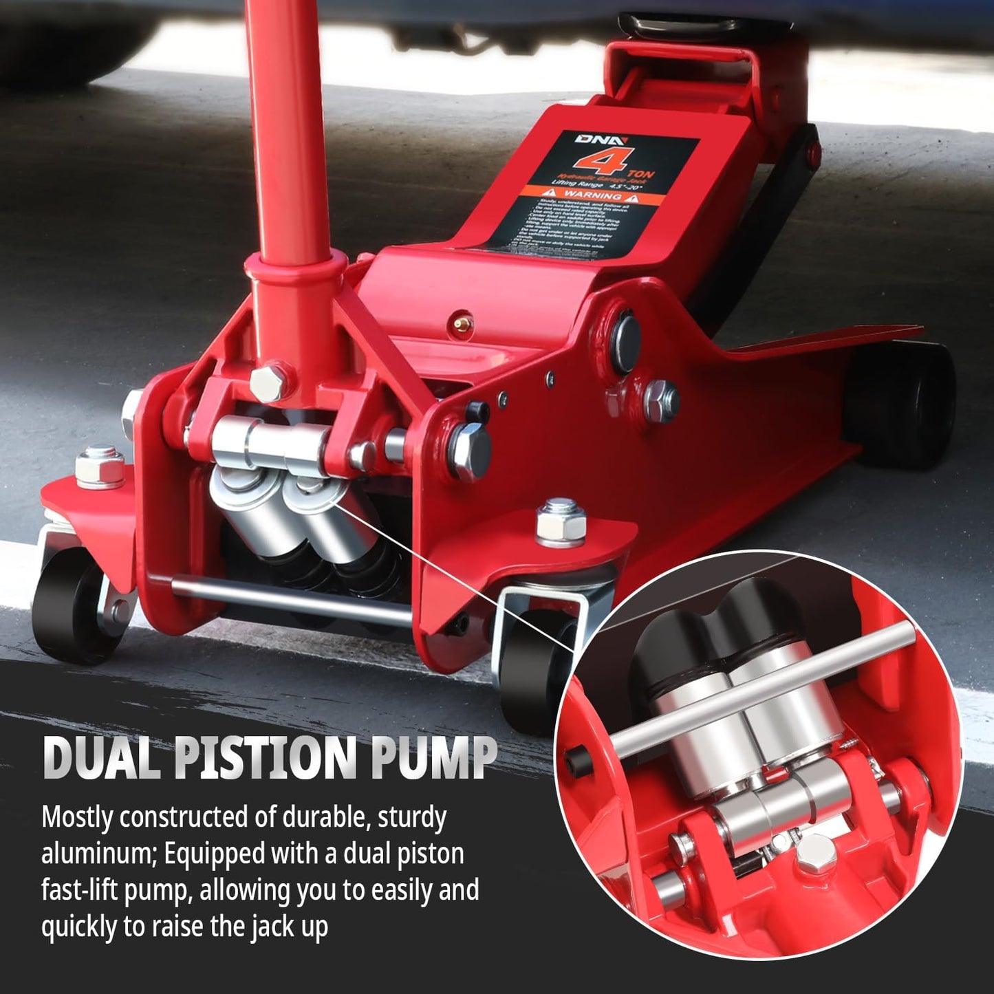 DNA MOTORING Low Profile Hydraulic Trolley Service/Floor Jack, 4 Ton (8000 lbs) Capacity, Lifting Range 4.5"-20",Red,TOOLS-00307