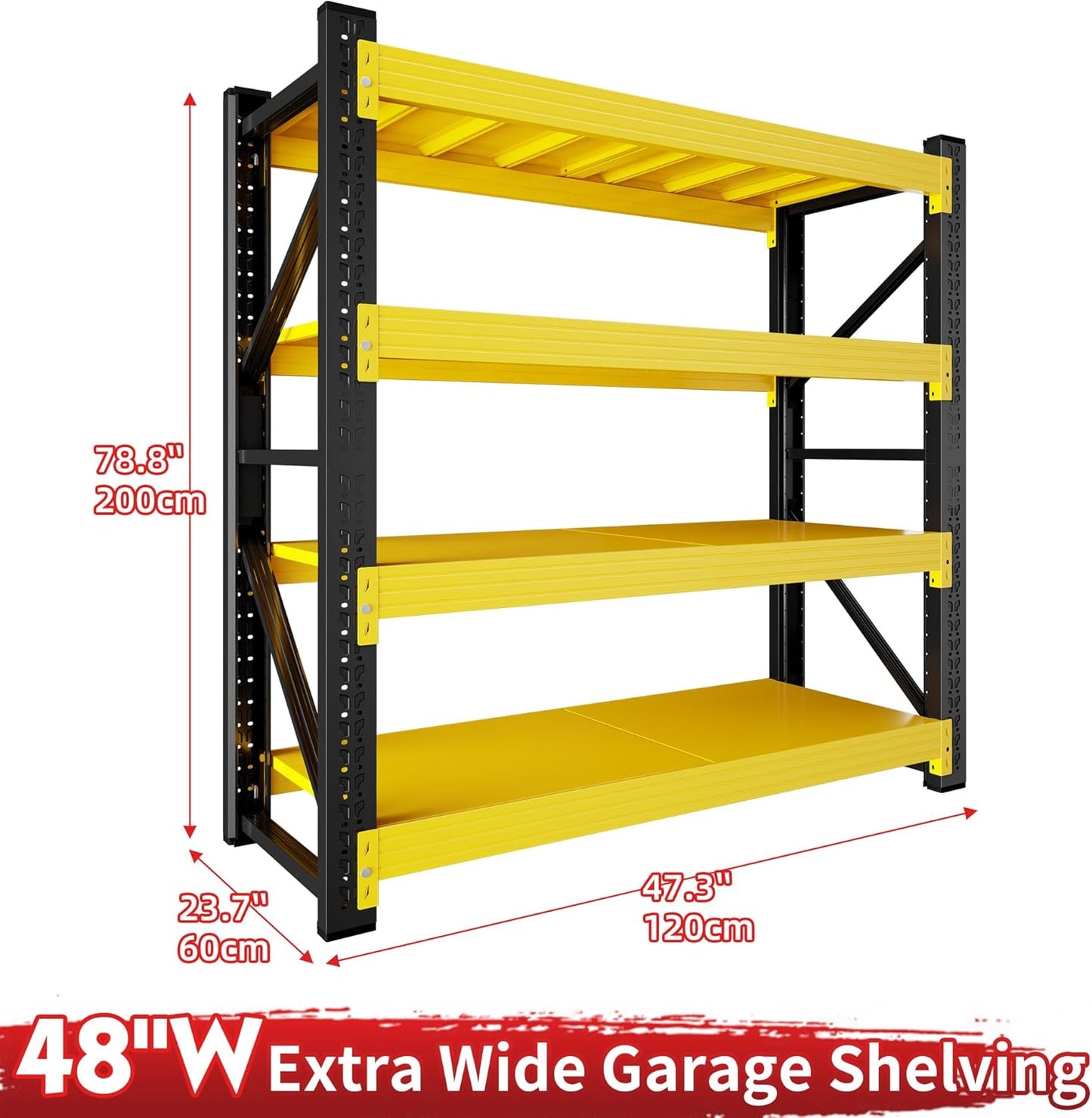 4000LBS Garage Shelving 48" W Garage Shelving Heavy Duty 4-Tier Metal Storage Shelves Adjustable Shelf Unit Storage Rack for Basement Supermarket Warehouse 48" W x 24" D x 78" H Yellow
