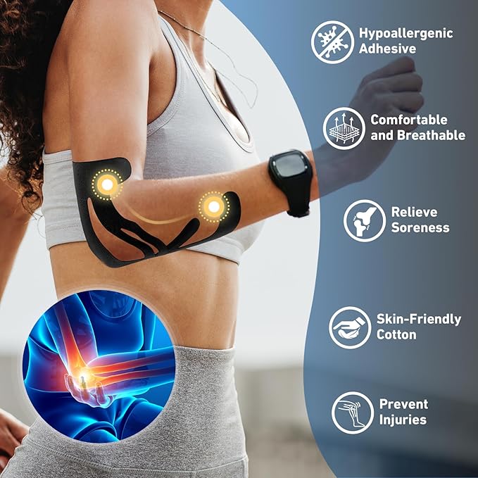 12 Count Kinesiology Tape for Elbow, Pre-Cut Waterproof KTquick Elbow Tape for Elbow Pain Relief Pre Cut, Original Cotton Athletic Tape, Durable Knee Tape for Sports and Long-Lasting Support (Black)
