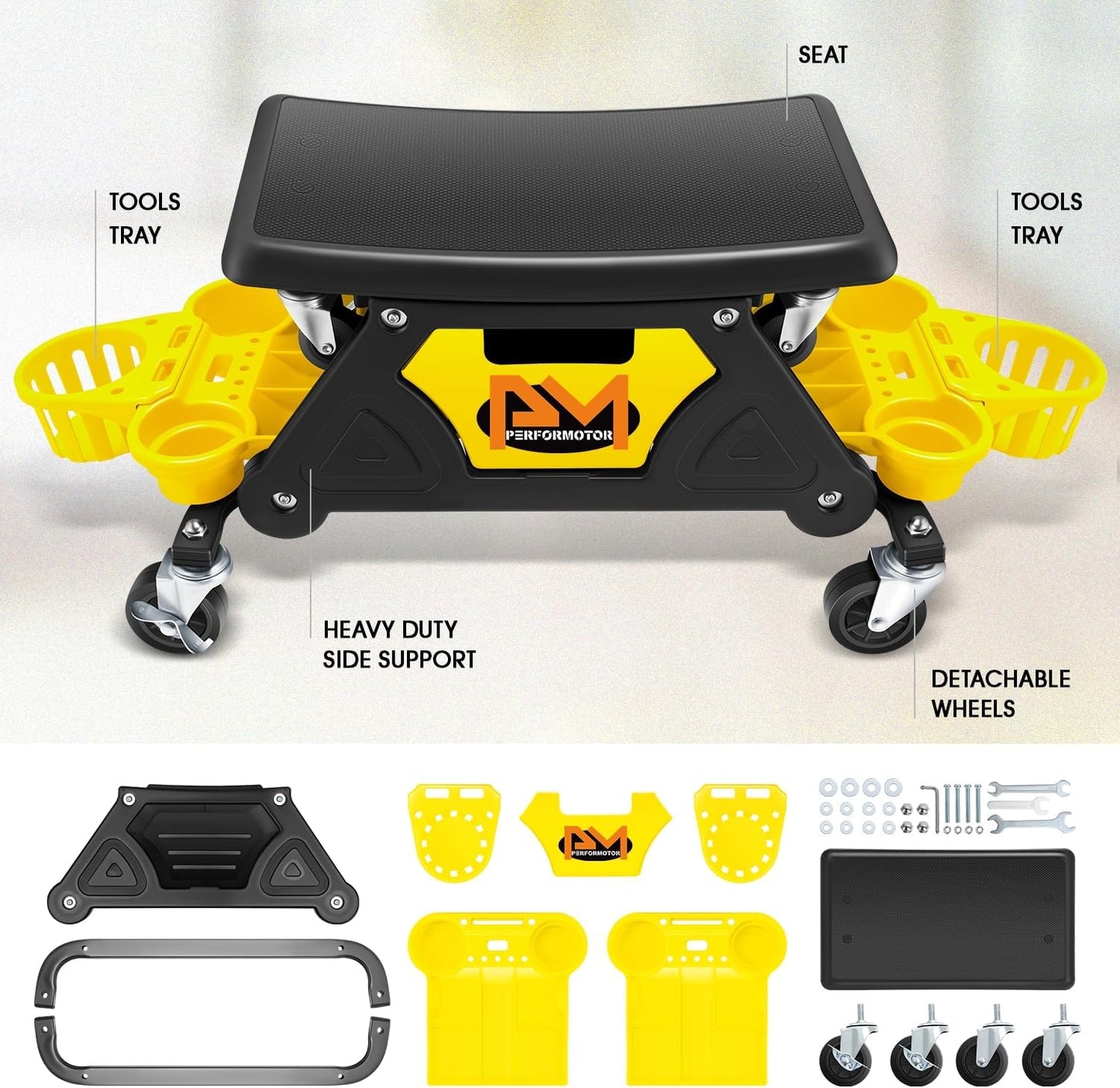 PM PERFORMOTOR Mechanic Stool - 25-1/2" x 13" x 12" (L x H x W), Rolling Work Seat w/Lockable Swivel Wheels and Storage Tool Tray, Yellow,PM-TOL-CRS-YL