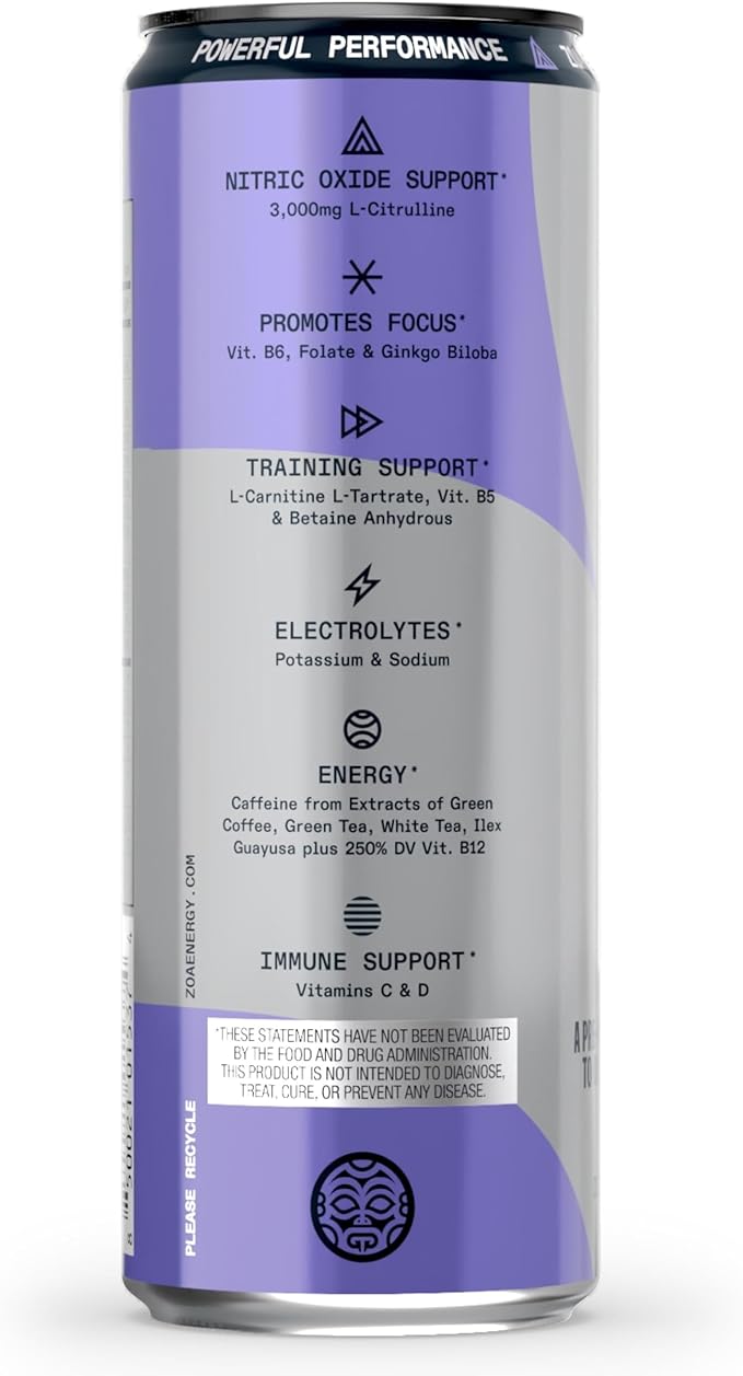 ZOA+ Pre-Workout Energy Drink Supplement - NSF Certified for Sport with Zero Sugar, Nitric Oxide Support, B & D Vitamins, Amino Acids, and Electrolytes (BlackBerry Acai)
