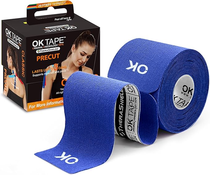 OK TAPE Kinesiology Tape 10 inches Precut, 20 Strips, Cotton Elastic Athletic Tape Latex Free, 2in x 16ft, Navy Blue