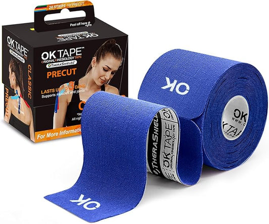 OK TAPE Kinesiology Tape 10 inches Precut, 20 Strips, Cotton Elastic Athletic Tape Latex Free, 2in x 16ft, Navy Blue