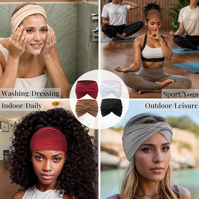 Wide Headbands for Women Yoga Running Sports Headhand Bandana Boho Non Slip Sweat Head Bands Accessories 4 Pack