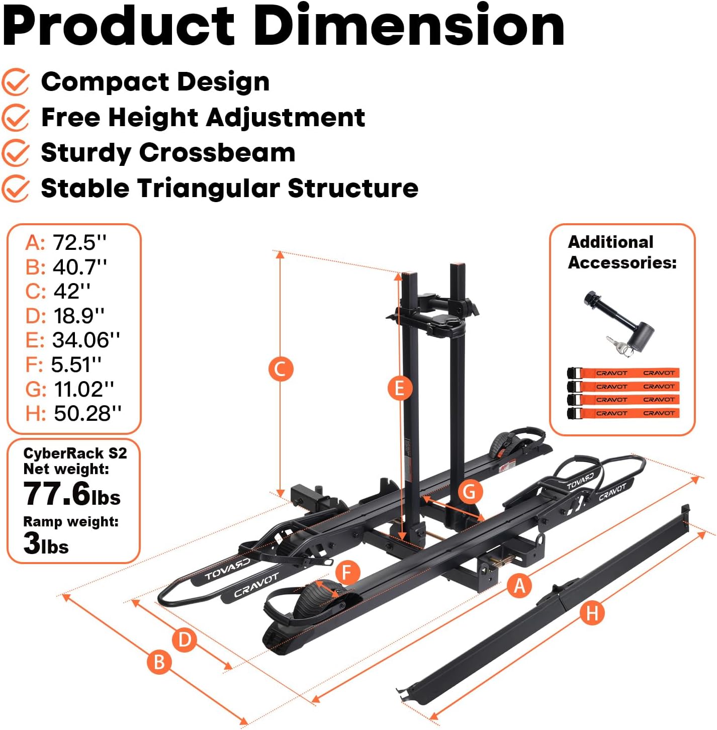 CyberRack S2 Ebike Rack, 300 lbs Capacity Foldable Bike Racks for Tow Hitch Heavy Electric Bike Carrier for 2 E-Bike, Up to 5-inch Fat Tire 2'' Receiver