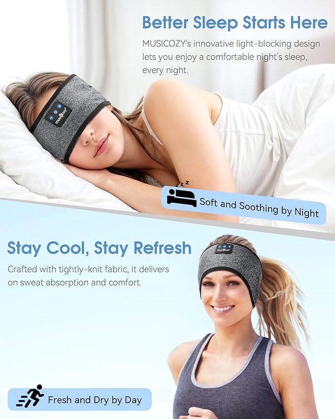 MUSICOZY Bluetooth 5.4 Sleep Headphones Sports Headband Headphones, Wireless Earphones Music Sleep Earbuds for Side Sleepers Sleeping Eye Mask for Women Men Workout Running Cool Unique Gifts