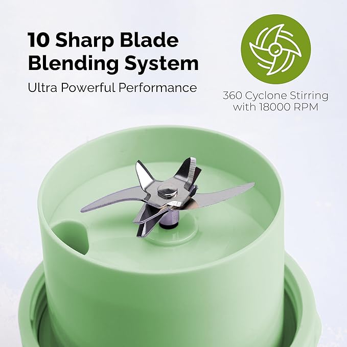 Personal Portable Blender For Shakes & Smoothies, Leakproof & Stylish Portable Mason Jar Shaker, Rechargeable Mini Blender with 10-Blade Blending System 14oz, Green