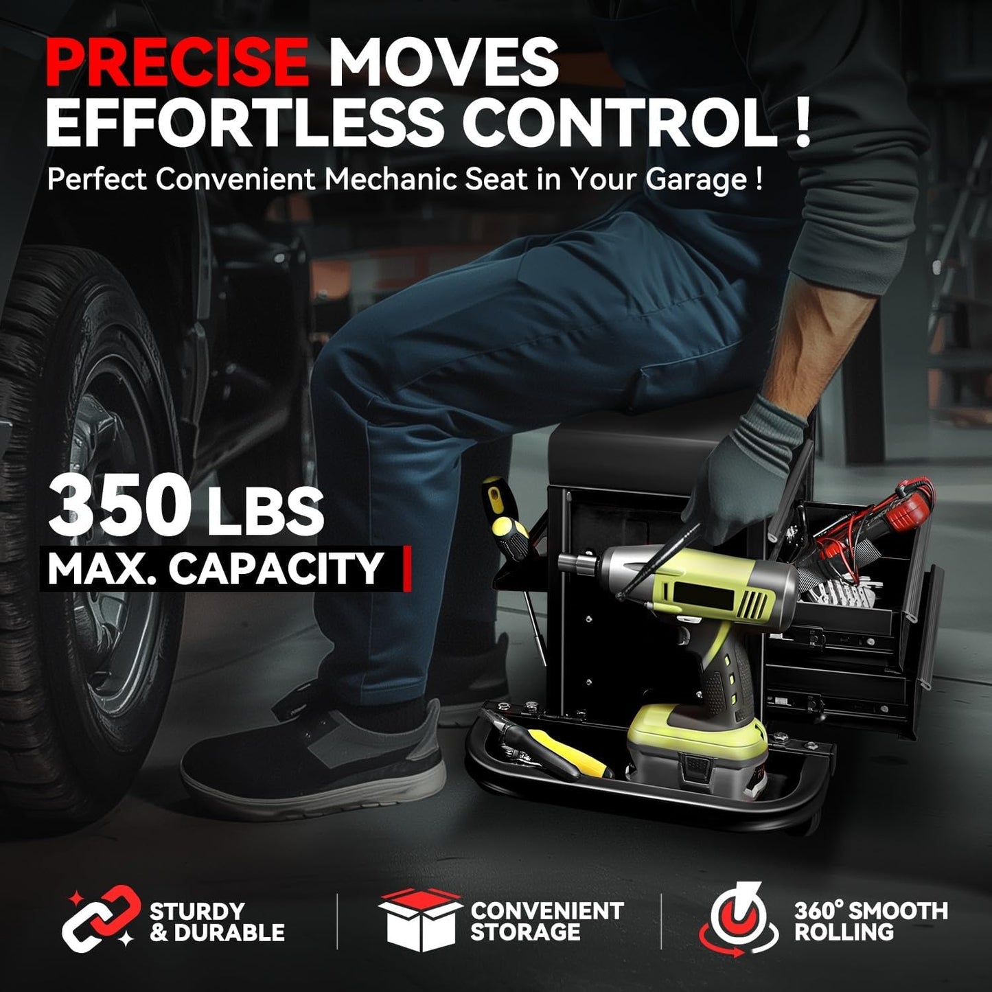 Auto Dynasty 3-Drawer Mechanic Rolling Seat, 350 LBS Capacity Roller Garage Shop Seat with Storage Tool Tray for Workshop, Repair Shop, Warehouse, Black