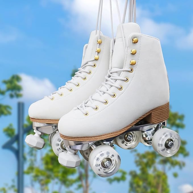 Roller Skates for Women or Men with Height Adjustable Rubber Stoppers Retro Suede Quad Roller Skates for Outdoor and Indoor
