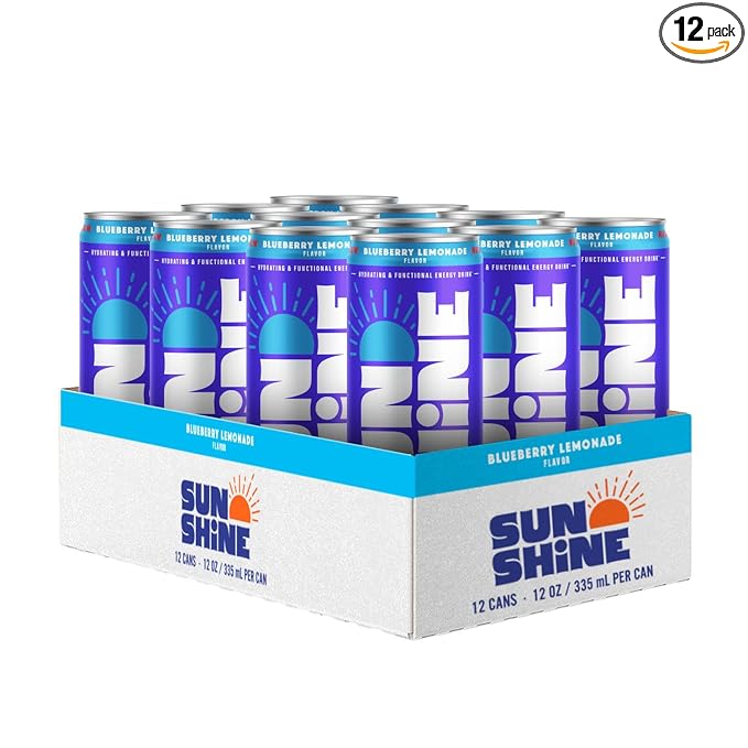 Sunshine Sparkling Energy Drink, Blueberry Lemonade with Daily Essential Vitamins, 360mg of Electrolytes, 70mg of Natural Caffeine, 12 Fl Oz (Pack of 12)