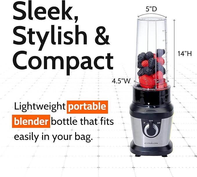 Epsilon Portable blender for Shakes and Smoothies – 400W Personal Blender with 24oz Portable Bottle, Electric Personal Blender Bottle with 4-Blade Assembly, Travel-Friendly and BPA-Free